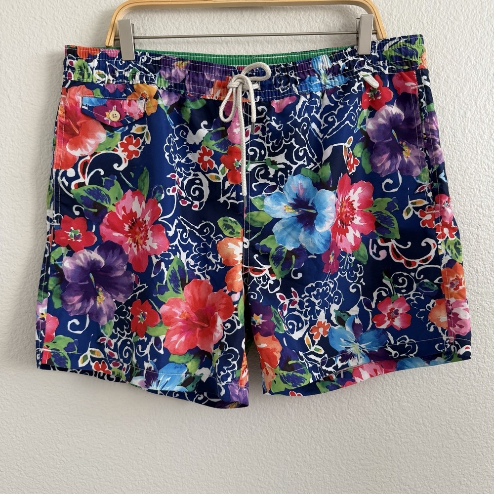 Polo Ralph Lauren Mens XL Navy Tropical Floral Swim Trunks Shorts Liner Pockets